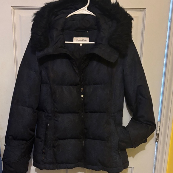 Calvin Klein Dark Puffer Jacket with Faux Fur Trim - Picture 3 of 15